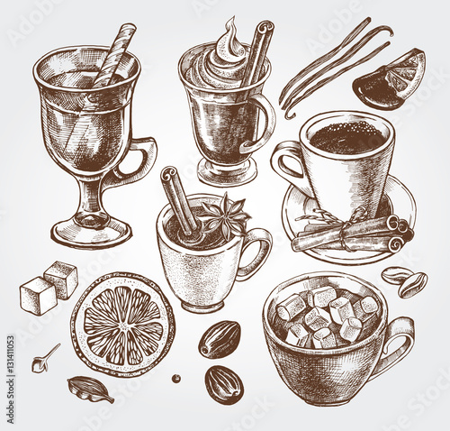 Hand drawn set of warming beverages. Vector isolated elements, collection of hot drinks and spices. Template for menu design, posters, flyers.