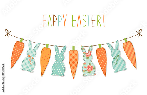 Cute childish Easter bunting with bunnies and carrots and hand written text Happy Easter for your decoration