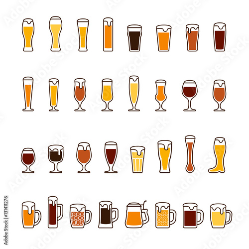 Beer in glasses and mugs with foam. Vector icon set