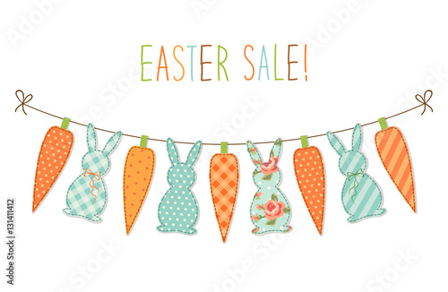 Cute childish Easter bunting with bunnies and carrots and hand written text Happy Easter for your decoration