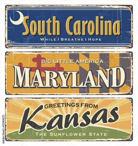 USA state.Vintage tin sign collection with America state. All States. Retro souvenirs or old paper postcard templates on rust background. States of America. South Carolina. Maryland. Kansas.