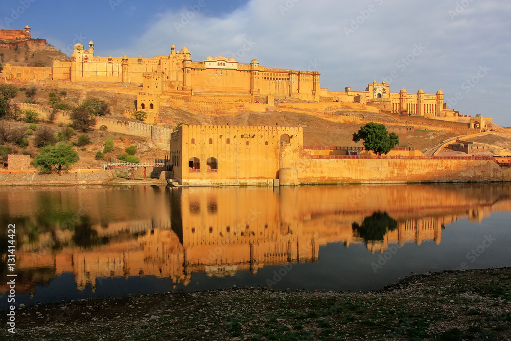 Amber Fort reflected in Maota Lake near Jaipur, Rajasthan, India