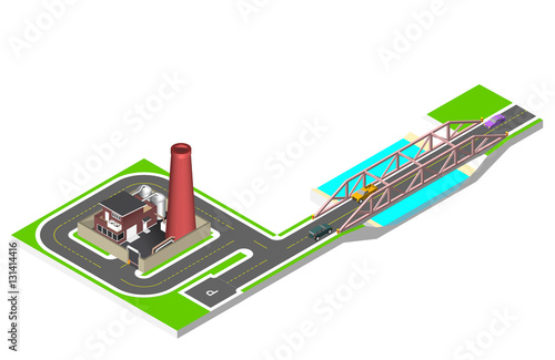 Isometric bridge with a road, cars and factory building with a pipe, cisternae, fence with a barrier. Vector illustration isolated on white background.