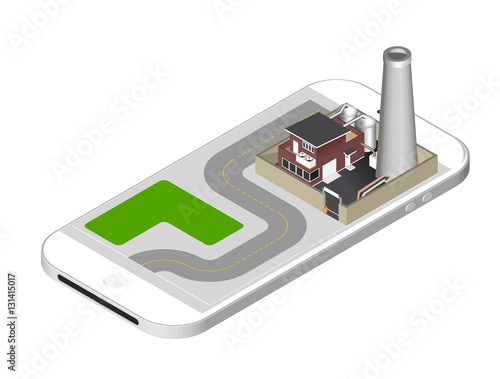 Isometric icon representing factory building with a pipe, cisternae, fence with a barrier - standing on the smartphone screen. Vector illustration isolated on white background.