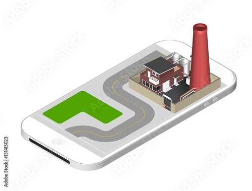 Isometric icon representing factory building with a pipe, cisternae, fence with a barrier - standing on the smartphone screen. Vector illustration isolated on white background.