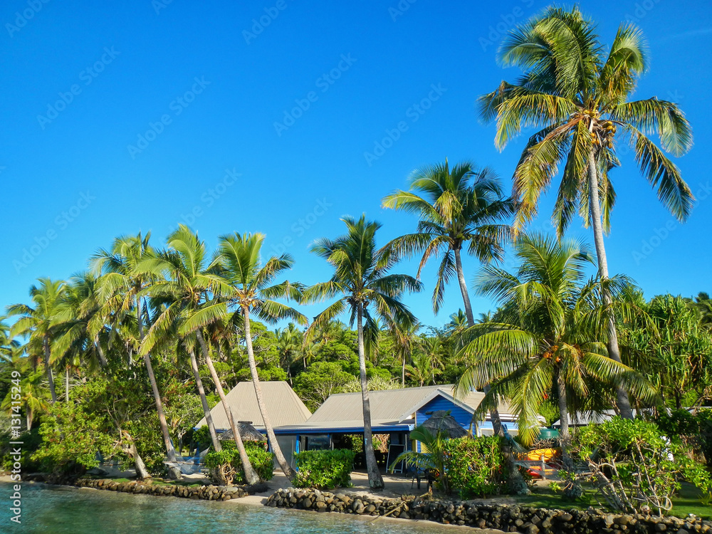 Resort surrounded by leaning palm trees on Nananu-i-Ra island, F