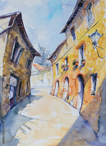 Original watercolor painting of Italian street in Tuscan village San Gusme,Italy photo