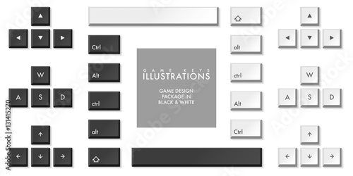 WASD game design vector keys illustrations in black and white