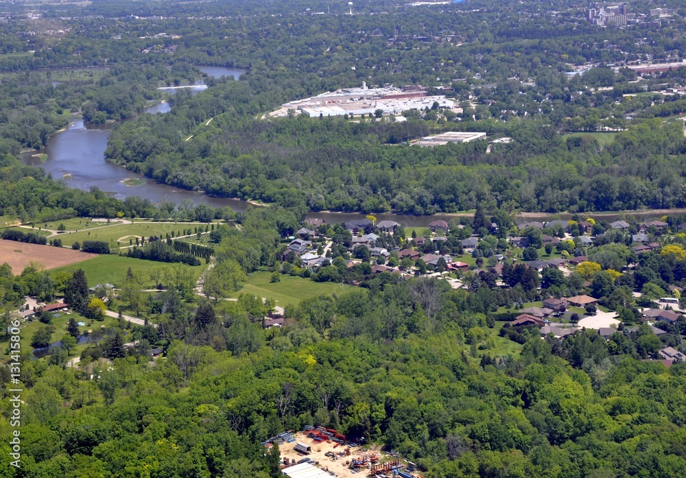 aerial view of a green space along the Grand River in Brantford Ontario, Canada 