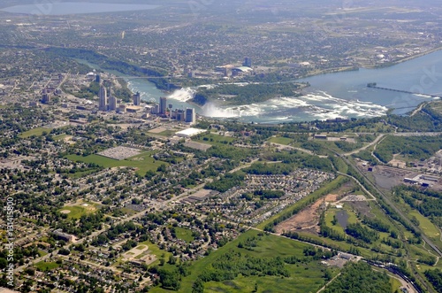 aerial view across the city of Niagara Falls Ontario, Canada towards the USA