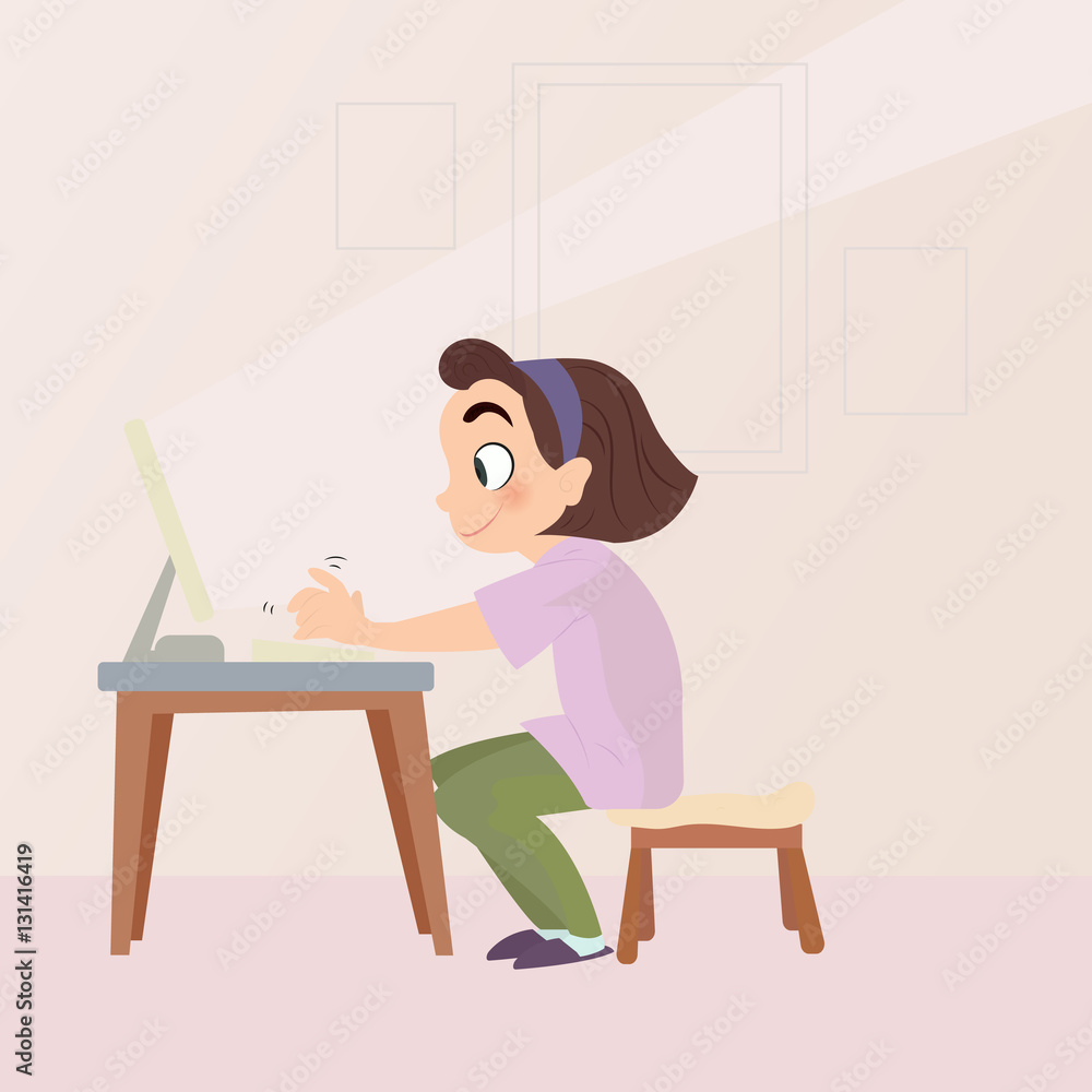 Young girl using the computer. School kid girl studying sitting in front of the desktop computer at her home desk. Young girl using the computer. School kid girl studying sitting in front of the desktop computer at her home desk.