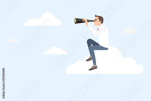 Businessman sitting on a cloud using telescope looking for success. Businessman gets a better view on the ladder.