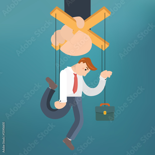 Worker marionette on ropes controlled boss hand. Vector flat illustration