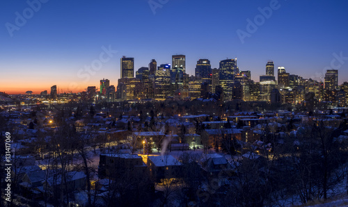 Calgary s skyline at sunrise on a cold winter day in Calgary  Alberta. 