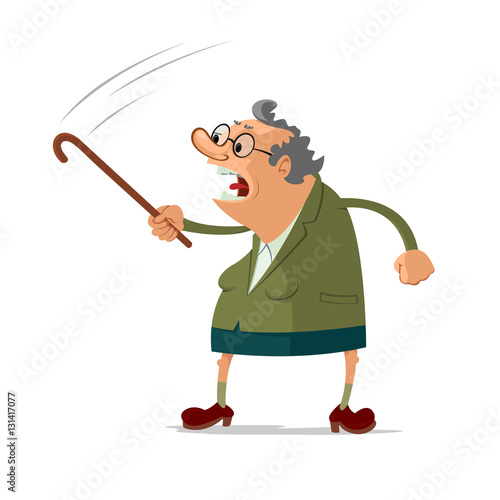 Angry old woman scolding someone, waving her cane
