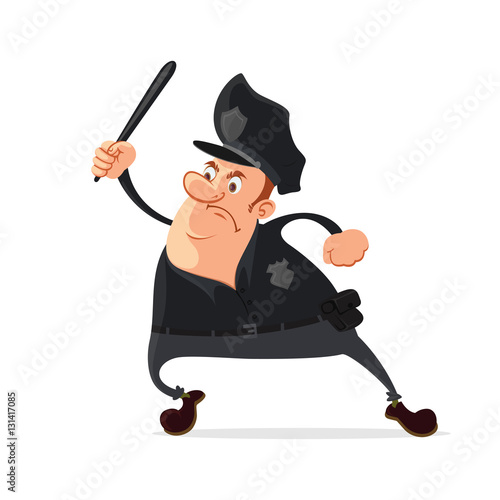 Angry policeman with a truncheon, vector cartoon