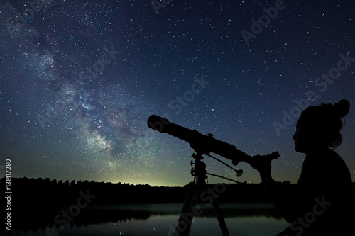 Canvas Woman with telescope watching the stars. Stargazing woman and ni
