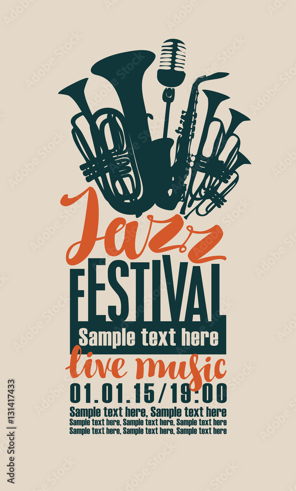 Fototapeta premium poster for the jazz festival with saxophone, wind instruments and a microphone