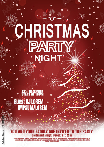 Vector Christmas night party poster on the dark red gradient background with Christmas tree, snowflakes pattern and snowfall.