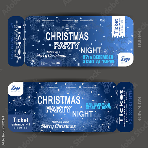 Vector Christmas night party ticket on the dark blue gradient background with snowflakes pattern and snowfall.