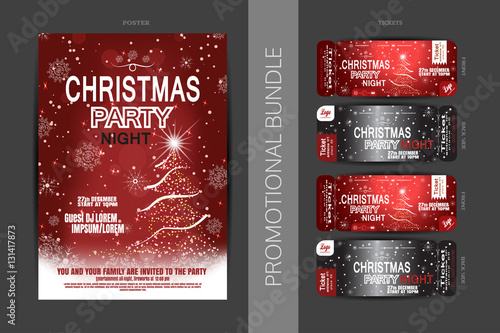 Vector Christmas night party promotional bundle of red posters and tickets with Christmas tree, snowflakes pattern and snowfall on the dark gray background.