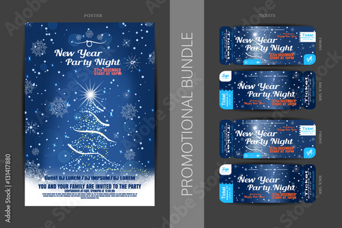 Vector New Year night party promotional bundle of blue posters and tickets with Christmas tree, snowflakes pattern and snowfall on the dark gray background.