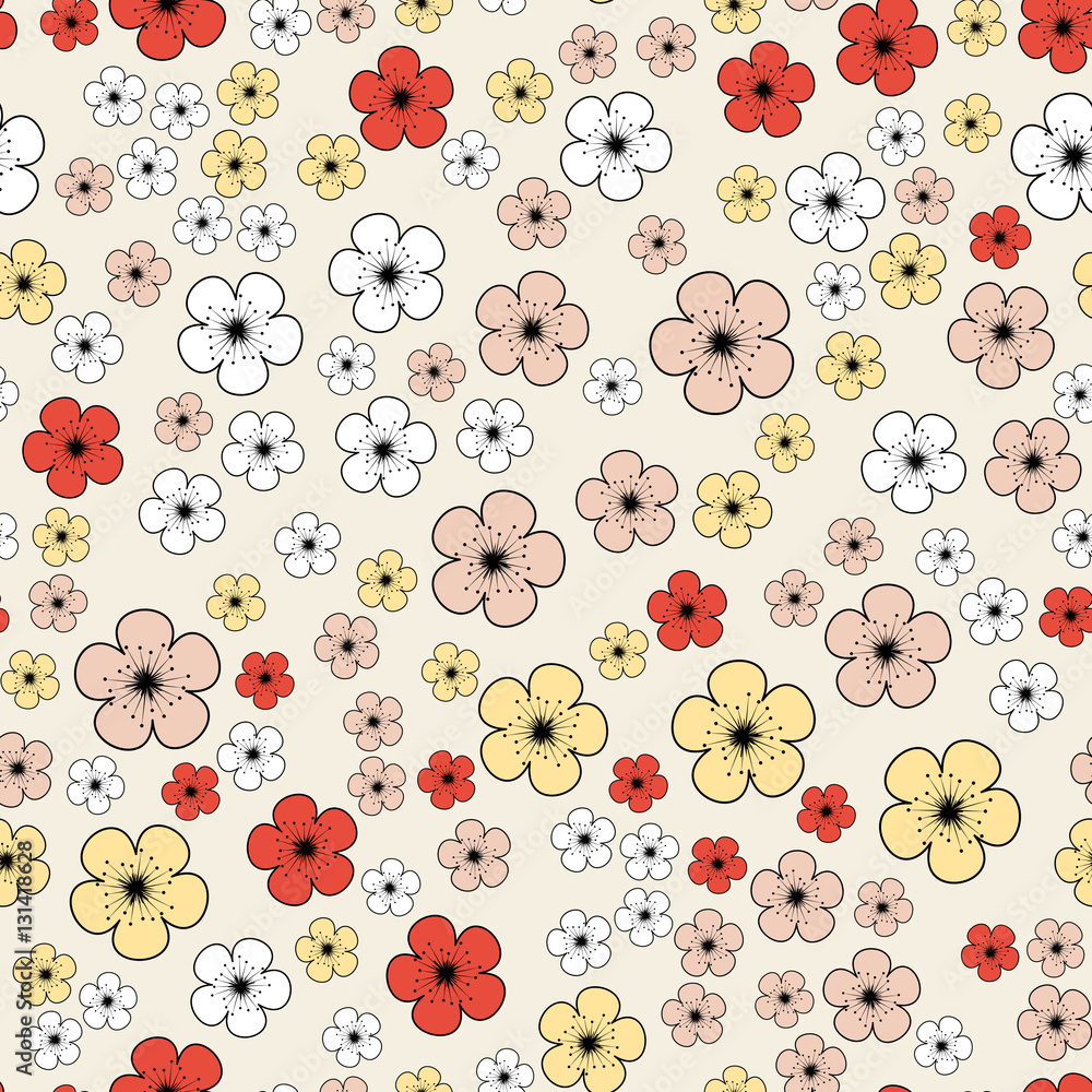 Seamless cartoon pattern with scattering of pink red yellow cherry or sakura flowers on pale background. Vector illustration Seamless cartoon pattern with scattering of pink red yellow cherry or sakura flowers on pale background. Vector illustration