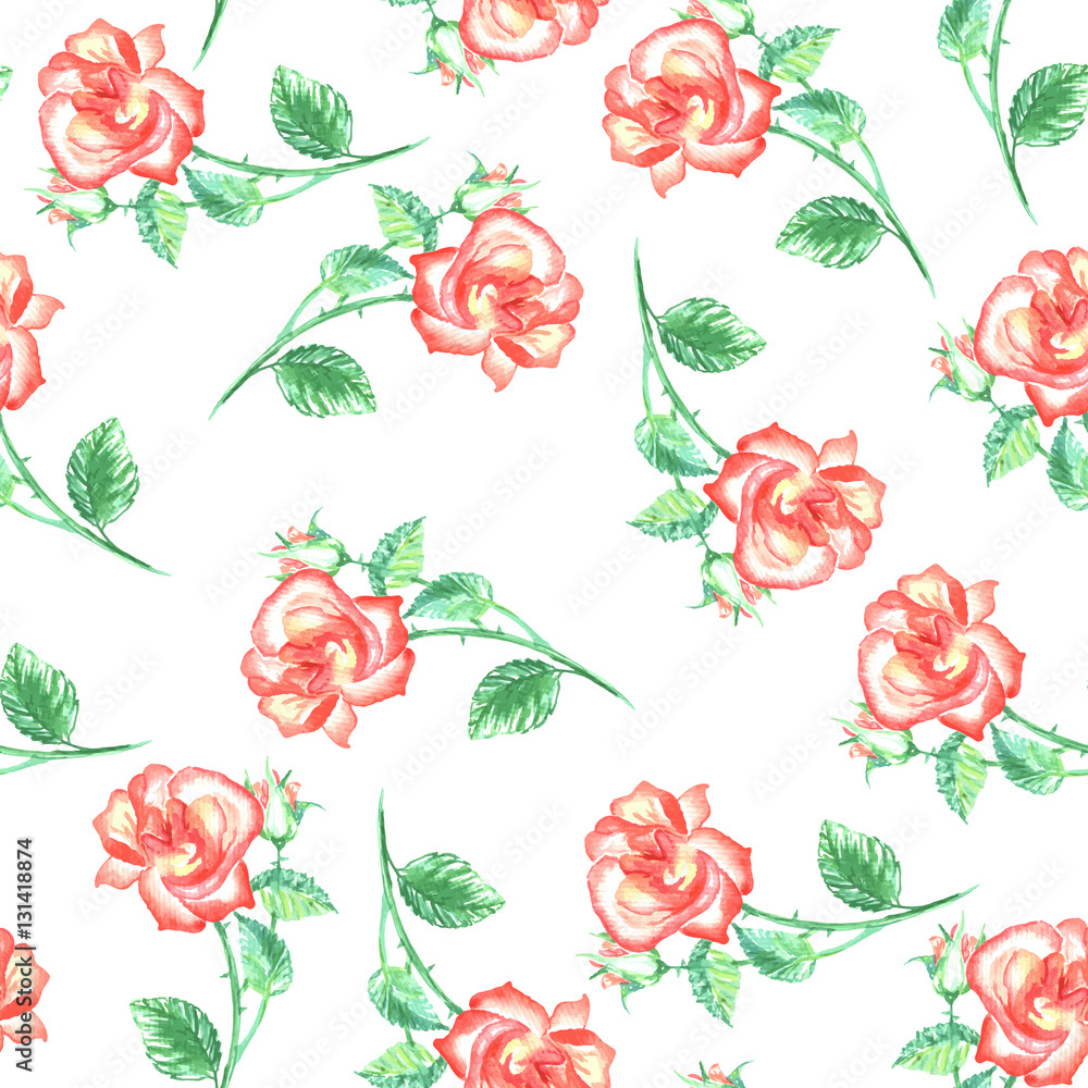 Seamless pattern with red roses and green leafs. Hand drawn elements for fabric textile design, pillows, tablecloth and scrapbook paper