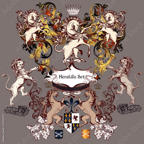 collection of detailed design with coat of arms in luxury style.