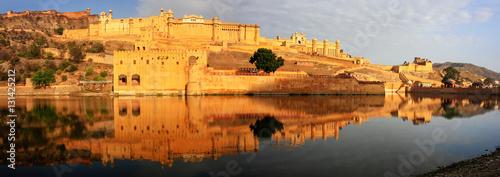 Panorama of Amber Fort reflected in Maota Lake near Jaipur, Raja photo