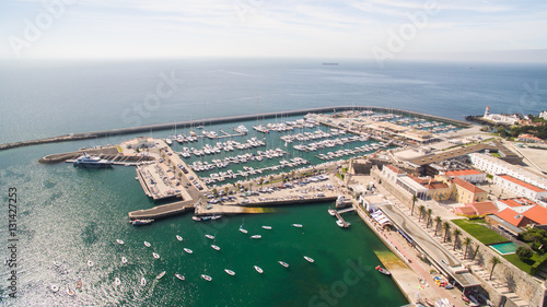 Konstfotografi Lighthouse and marina of Cascais Portugal aerial view
