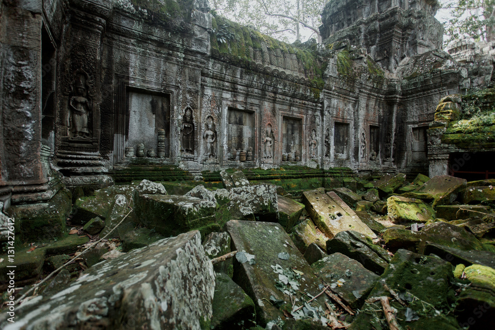 The ruins of ancient temples at Angkor Wat site in Cambodia
