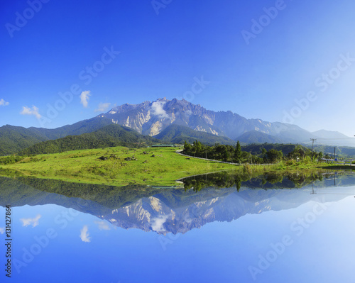 Reflection Beautiful View of Mount Kinabalu During Blue Sky.