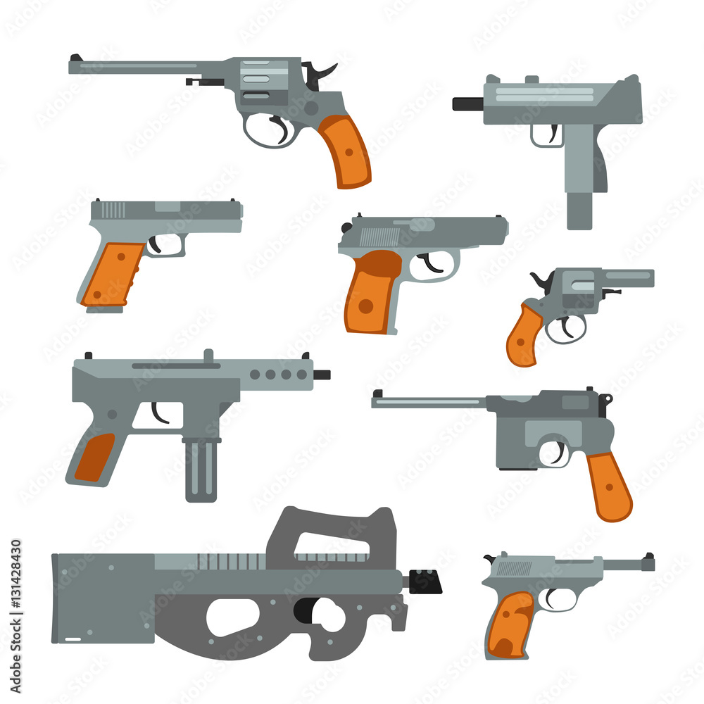 Weapons vector handguns collection. Pistols, submachine guns icons. Gun illustration isolated on white background