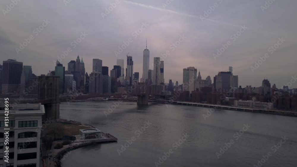 flying backward over Manhattan Bridge view of NY day flying backward over Manhattan Bridge view of NY day