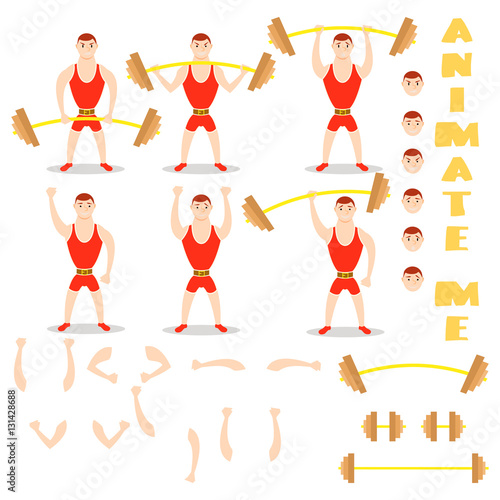 Cartoon man barbell exercises squat, deadlift, overhead press. Cute athlete. character creation set. icons with different types of faces, emotions. Male person in different poses. Moving arms, legs