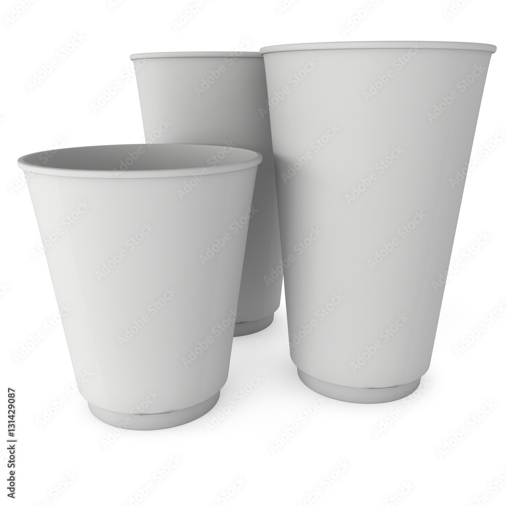 Disposable coffee cups. Blank paper mug. 3d render isolated on white background Disposable coffee cups. Blank paper mug. 3d render isolated on white background