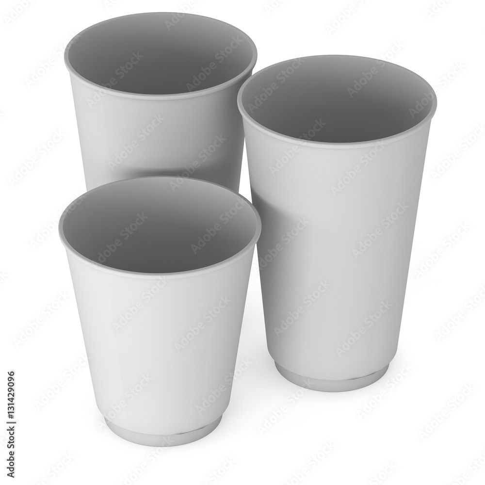 Disposable coffee cups. Blank paper mug. 3d render isolated on white background Disposable coffee cups. Blank paper mug. 3d render isolated on white background