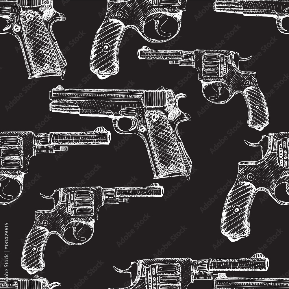 Hand drawn vector seamless pattern. Pistols and revolvers. Hand drawn vector seamless pattern. Pistols and revolvers.