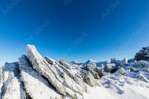 Wallpaper Mural Bright winter scenery in the mountains, with frost and rocks covered with fresh snow Torontodigital.ca