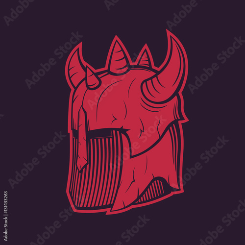 warrior helmet with horns, red on dark