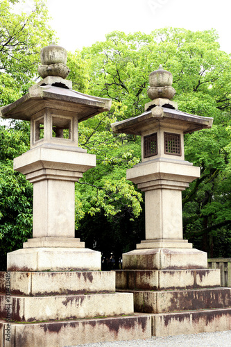 Two stone pole or pagoda in the garden.