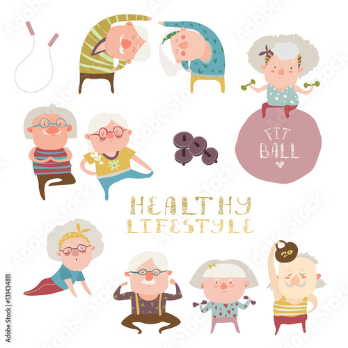 Sey of elderly people doing exercises