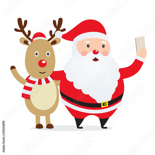 Christmas selfie Santa Claus with a deer. New year photo on phone cartoon characters.