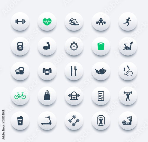 25 fitness icons, set of gym, workout, exercises, training vector signs