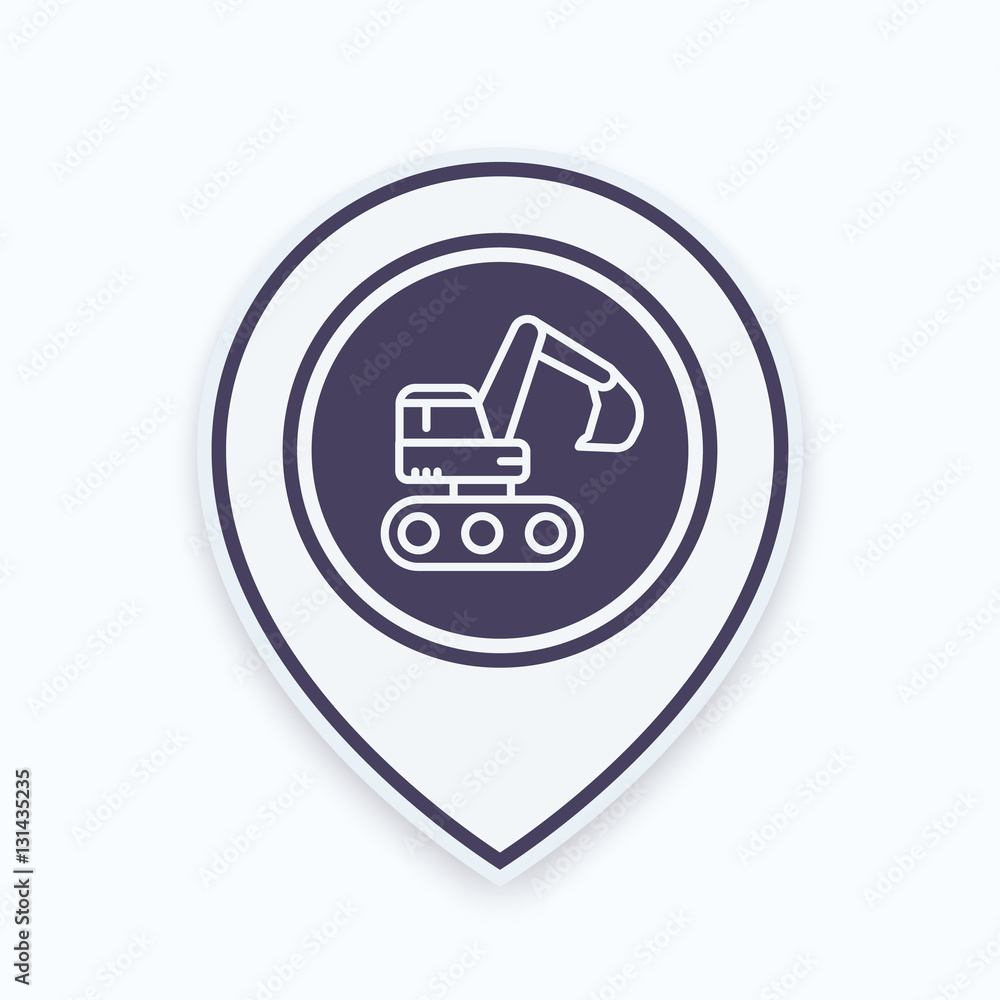 excavator icon in linear style on map pointer, vector illustration excavator icon in linear style on map pointer, vector illustration