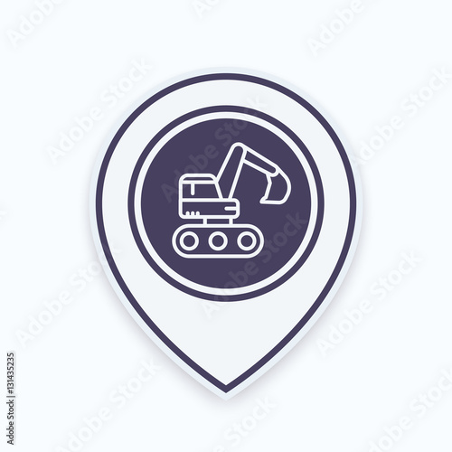 excavator icon in linear style on map pointer, vector illustration