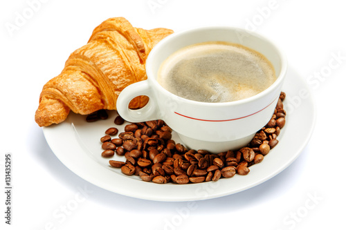 fresh croissant and coffee on white background