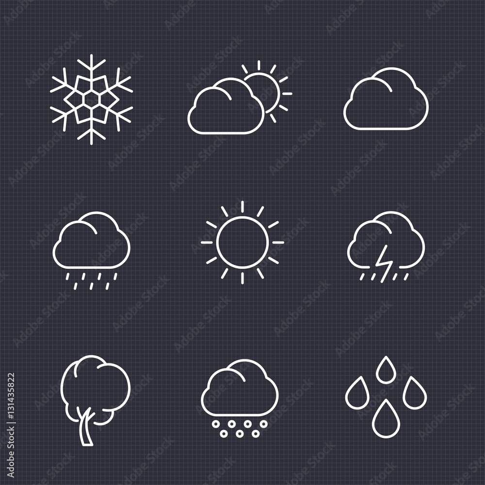 Weather icons set in linear style, clouds, rain, snowflake, hail, wind, sun, vector illustration Weather icons set in linear style, clouds, rain, snowflake, hail, wind, sun, vector illustration
