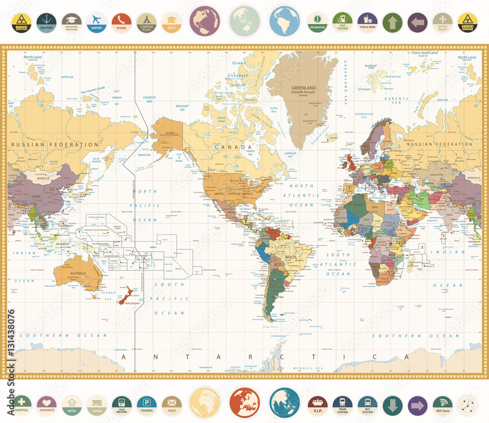 America Centered World Map with flat icons and globes.Vintage colors